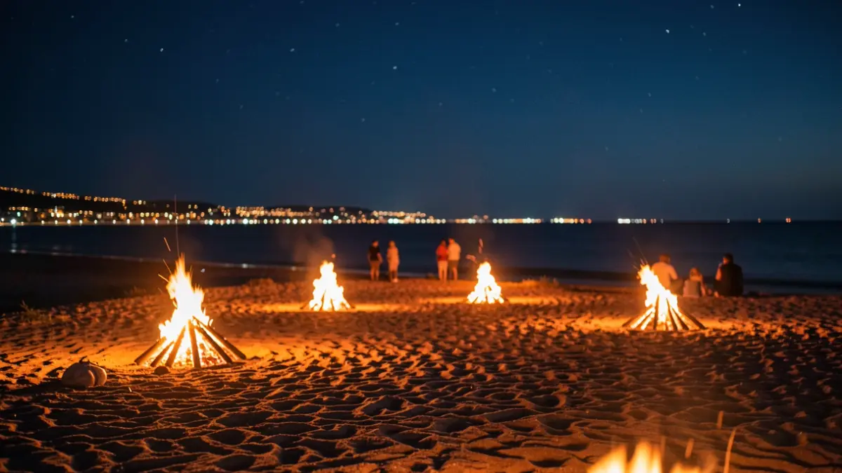 Generic image of bonfires on the beach at night.