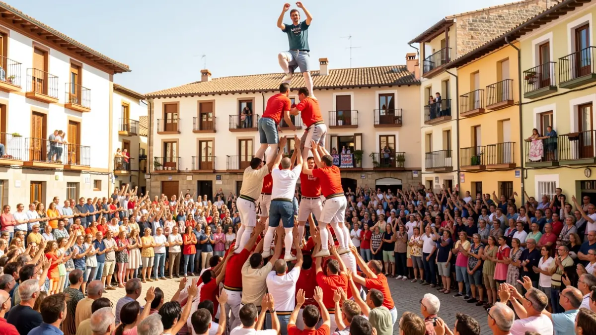 Generic image of castellers building human towers in a Catalan square.