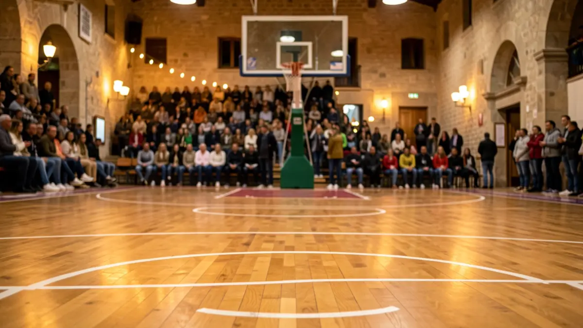 Pista de bàsquet d'un pavelló català amb espectadors al fons.