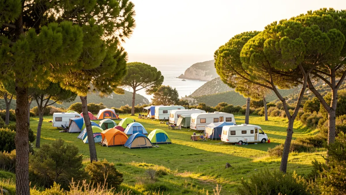 Imatge d'un càmping a la Costa Brava amb tendes i caravanes sota la llum del sol.