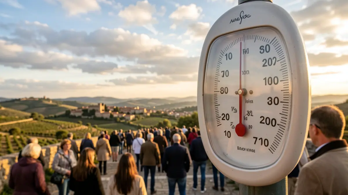Imagen genérica de un termómetro mostrando alta temperatura con cielo parcialmente nublado sobre un paisaje catalán.