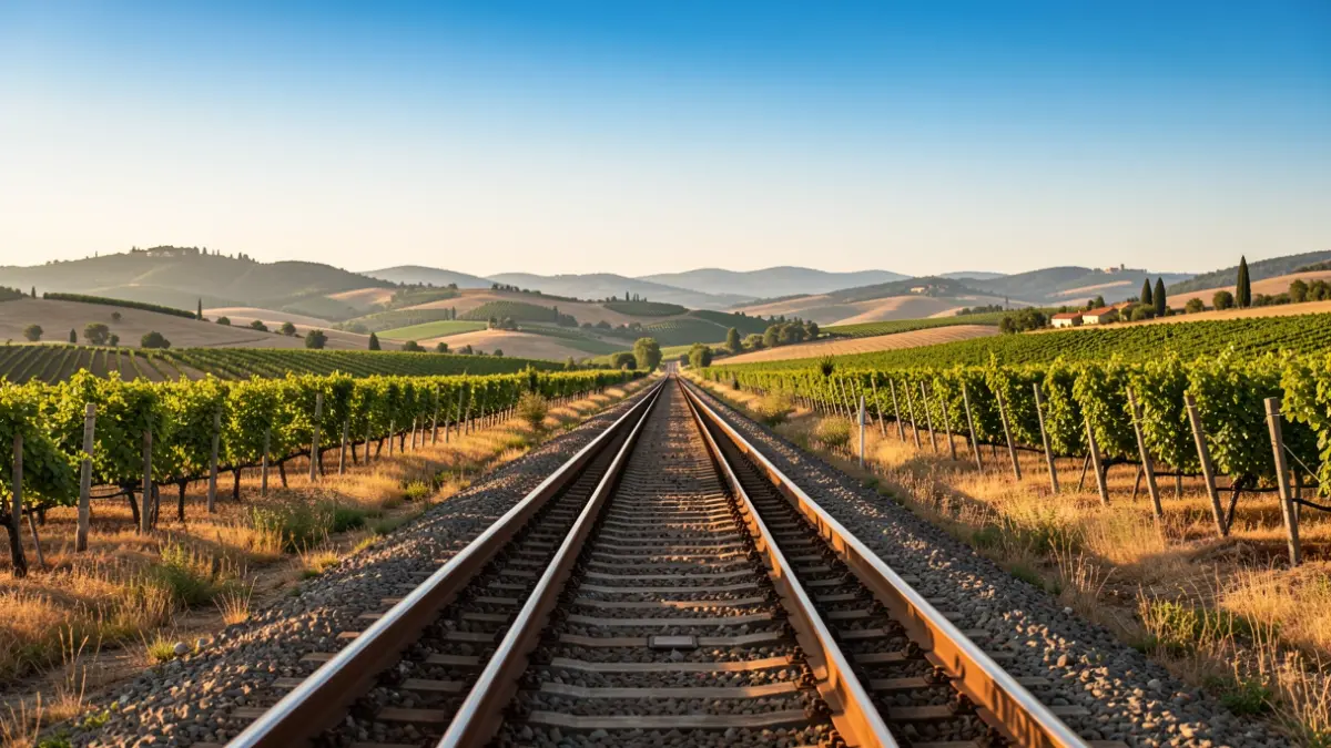 Generic image of train tracks in a Mediterranean landscape.
