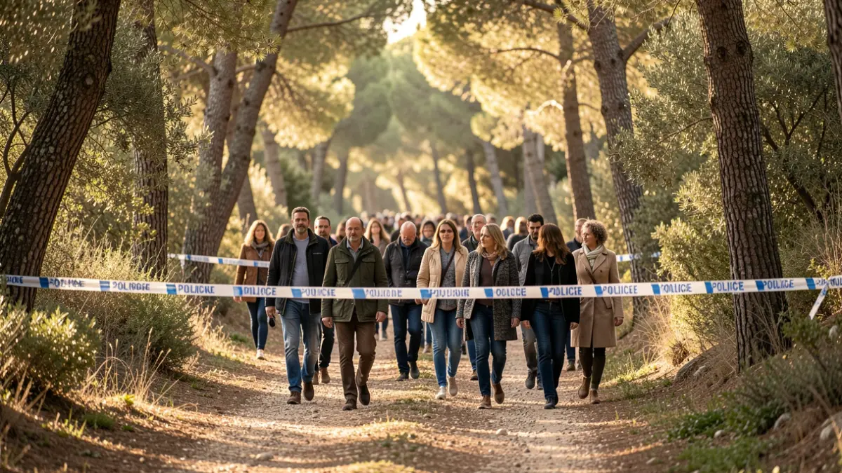 Imatge genèrica de persones caminant sota una cinta policial en un camí forestal.