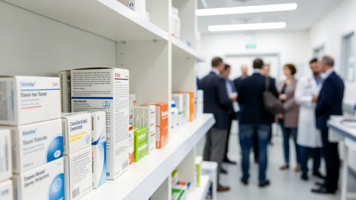 Generic image of medicines on a hospital pharmacy shelf.