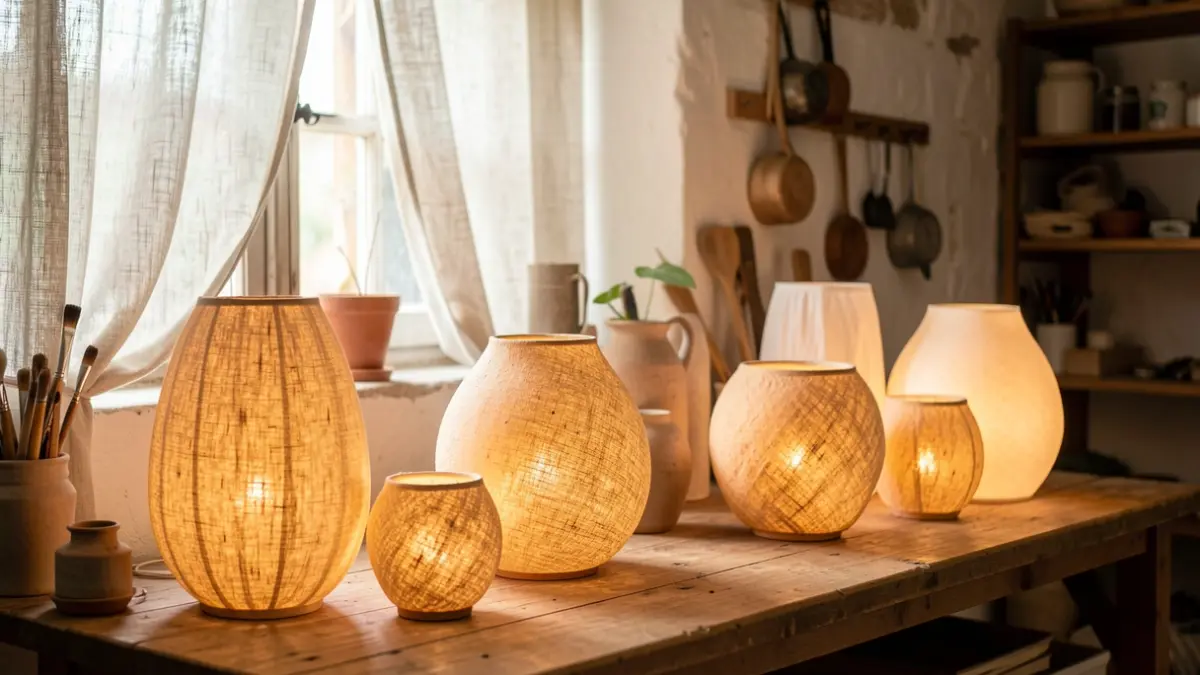 Handmade artisanal textile lamps with organic shapes.