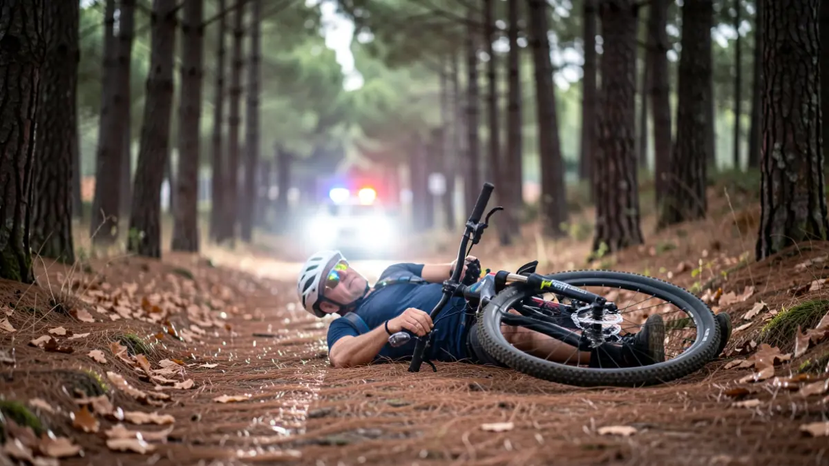 Imatge genèrica d'un ciclista accidentat en un camí forestal.