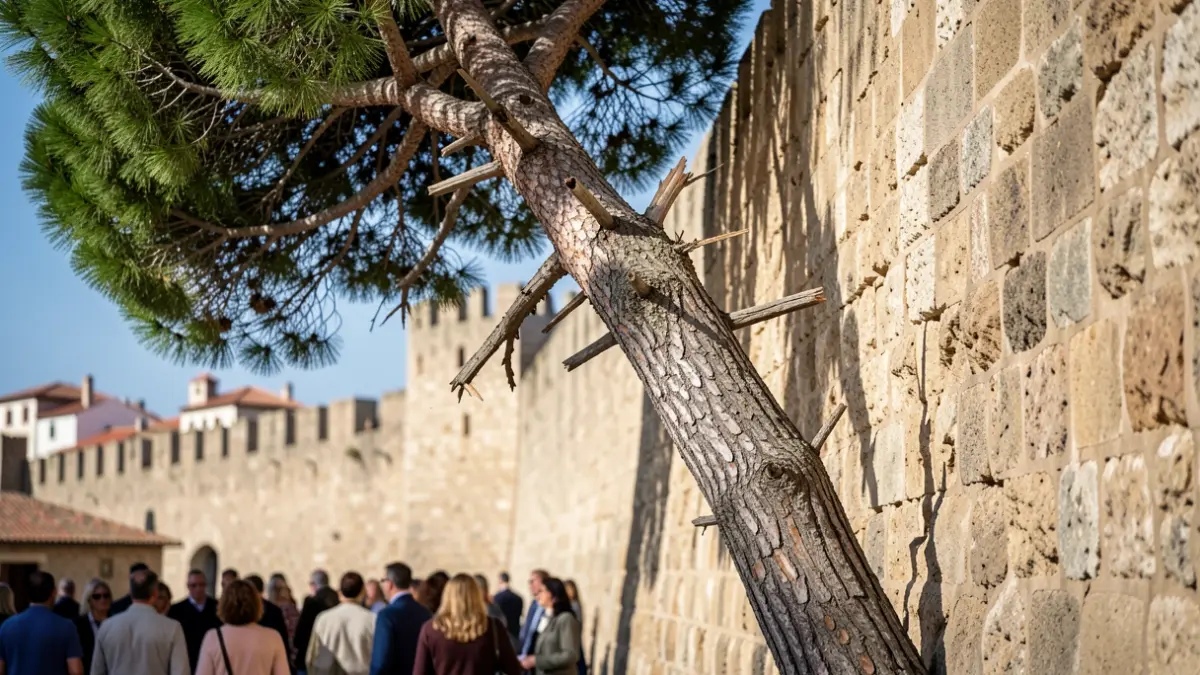 Arbre perillós recolzat sobre la muralla de Girona.