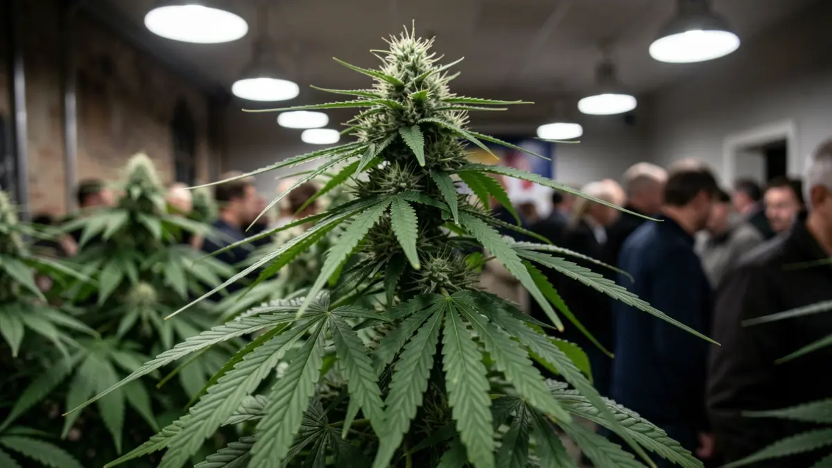 Planta de marihuana en primer pla en un interior il·luminat per llums de cultiu.