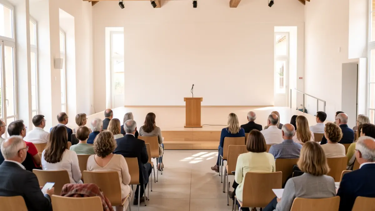Generic image of an assembly hall with a podium and chairs.