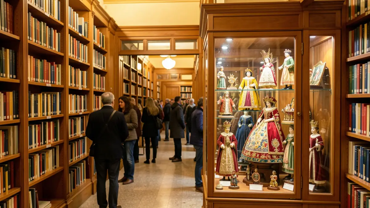 Imatge genèrica de l'interior d'una biblioteca amb elements festius catalans exposats.
