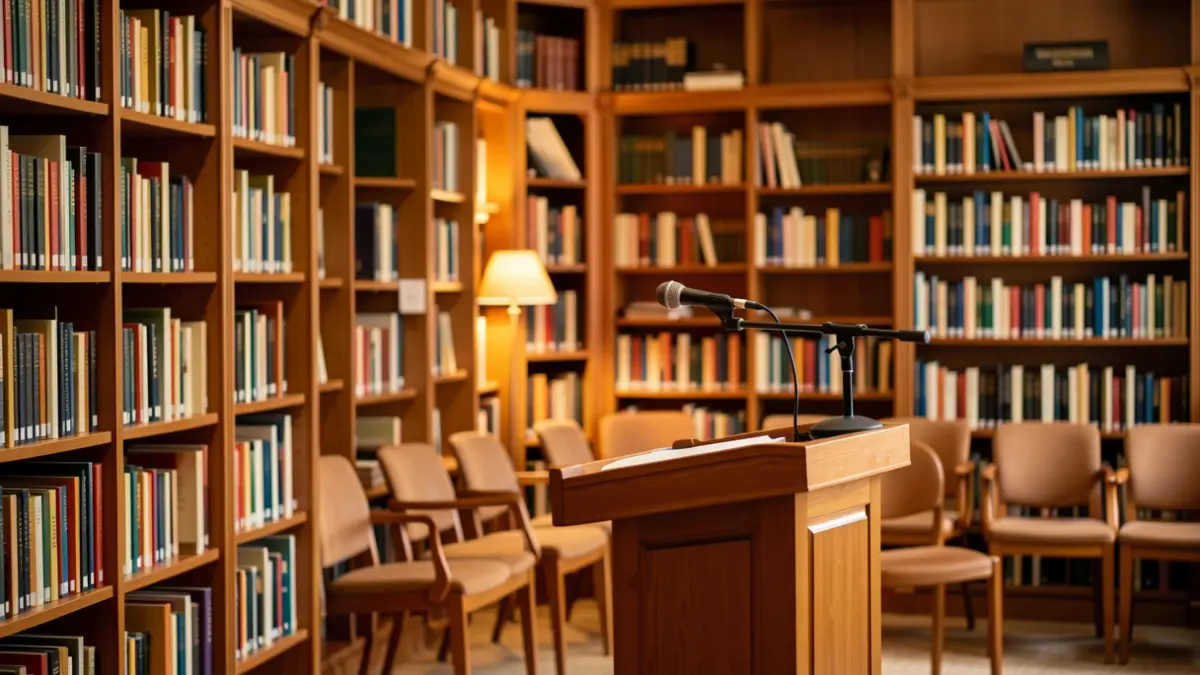 Imatge genèrica d'una biblioteca amb un faristol i cadires buides.