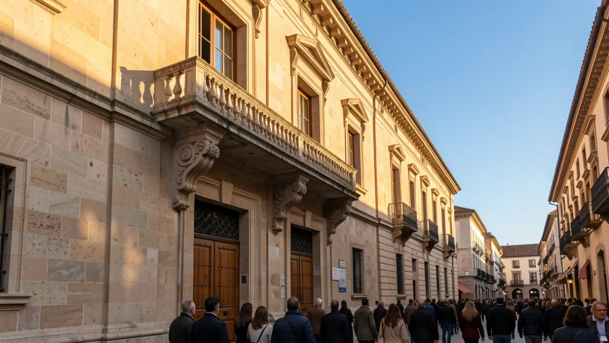 Generic image of a municipal building with a balcony and summer light.