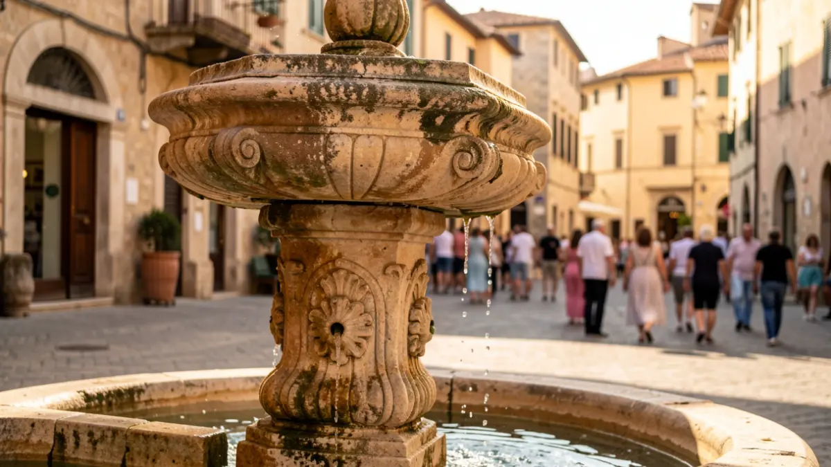 Generic image of an old fountain in a Mediterranean town square.