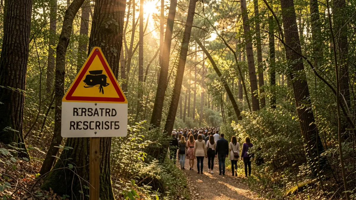 Generic image of a forest with a restricted access sign.