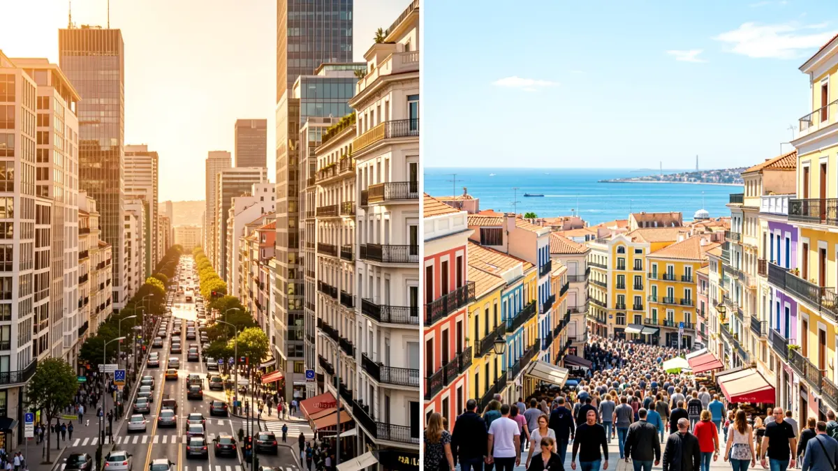 Imagen dividida comparando la vitalidad de Madrid y Barcelona.