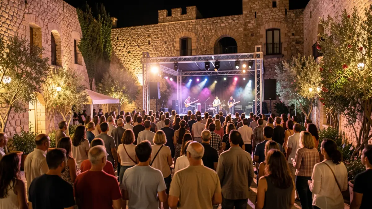 Imatge genèrica d'un concert a l'aire lliure en un espai amb arquitectura de pedra i vegetació mediterrània.