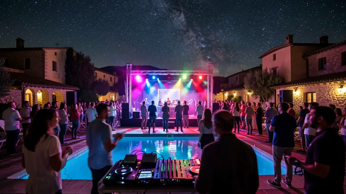 Generic image of a municipal swimming pool at night with lights and DJ equipment.