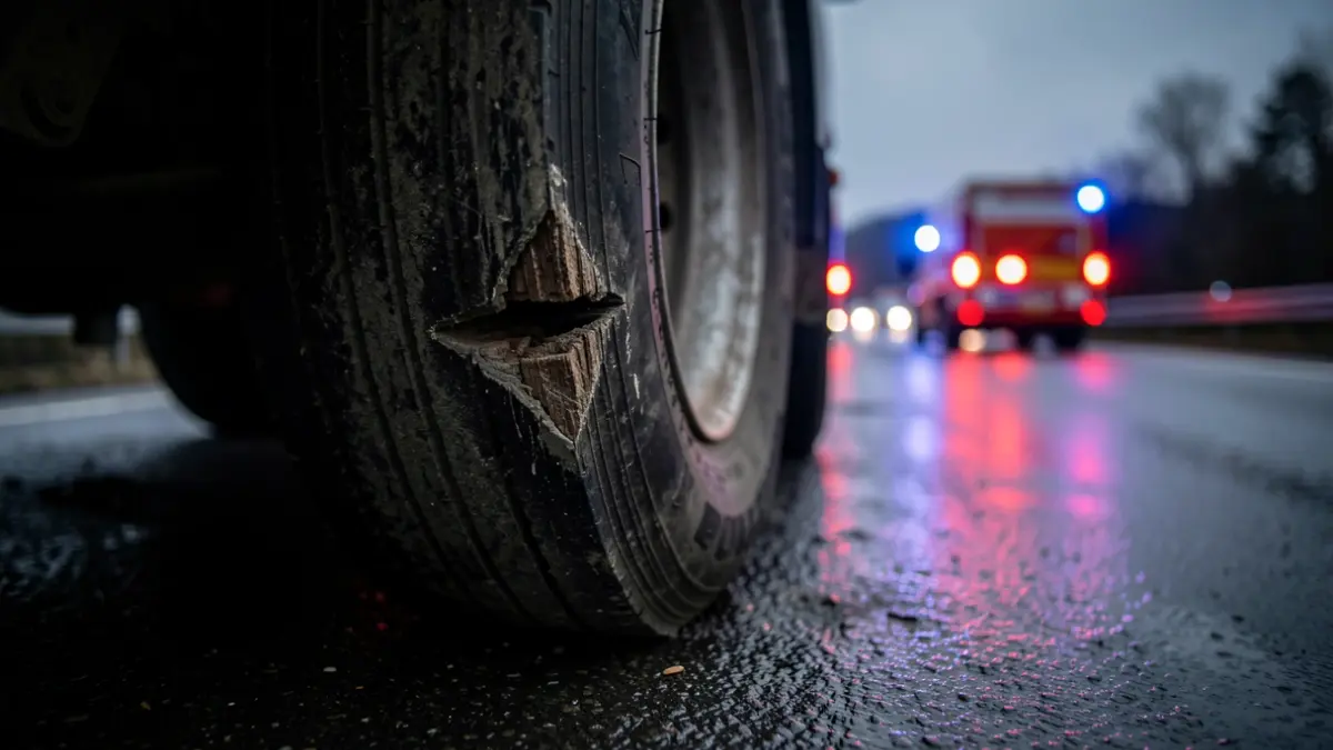 Imagen genérica de un neumático de camión en mal estado sobre asfalto mojado con luces de emergencia.