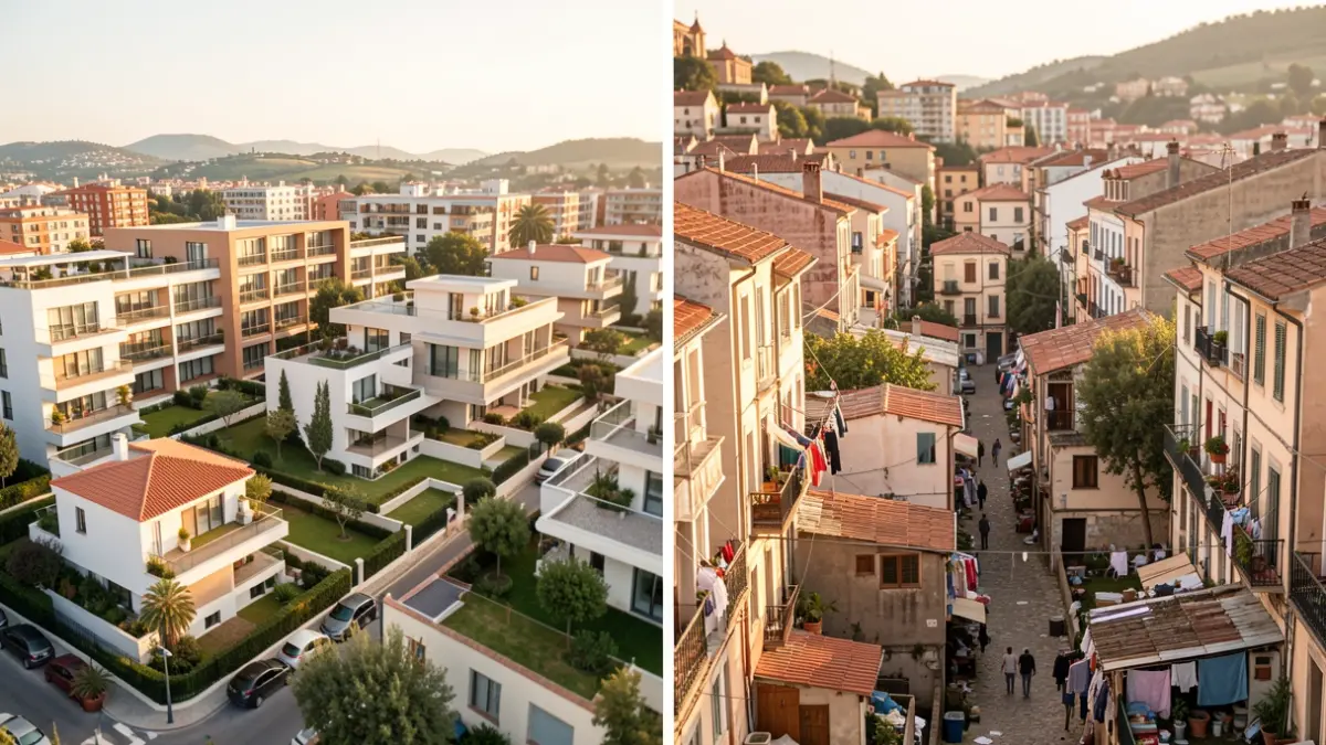 Split image showing a prosperous residential neighborhood and a more modest urban one, representing socio-economic contrasts.
