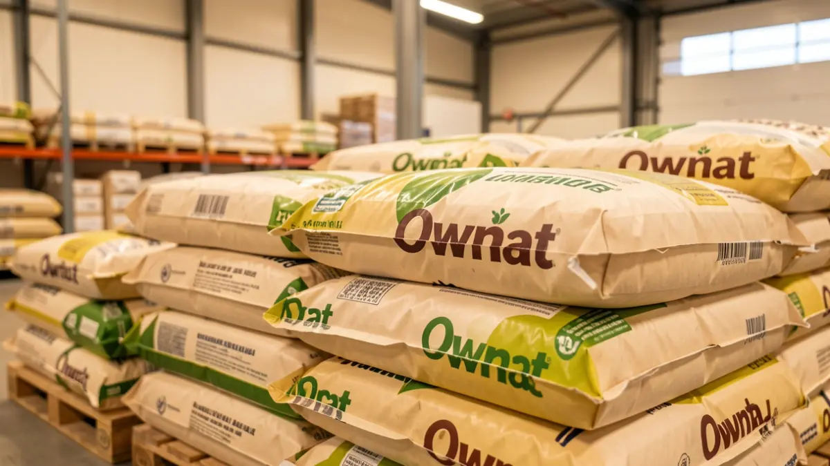 Imatge genèrica de sacs d'alimentació animal de la marca Ownat en un magatzem.