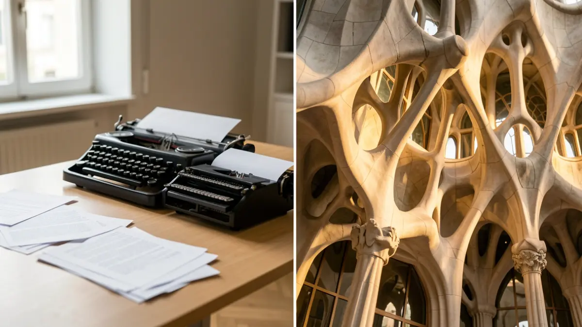 Imatge dividida que compara l'estil d'escriptura minimalista d'Ernest Hemingway amb detalls arquitectònics orgànics d'Antoni Gaudí.