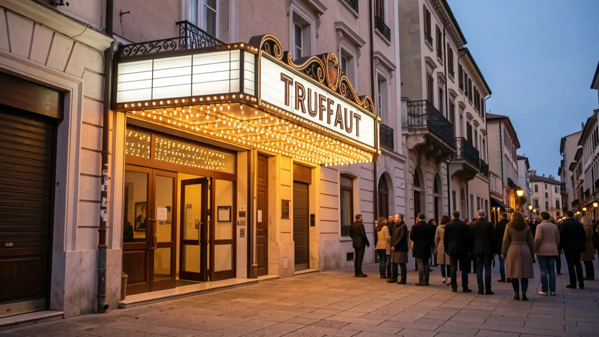 Fachada del cine Truffaut en Girona iluminada al atardecer.