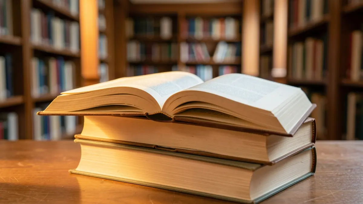 Imatge genèrica d'un llibre obert sobre una pila de llibres en una biblioteca.