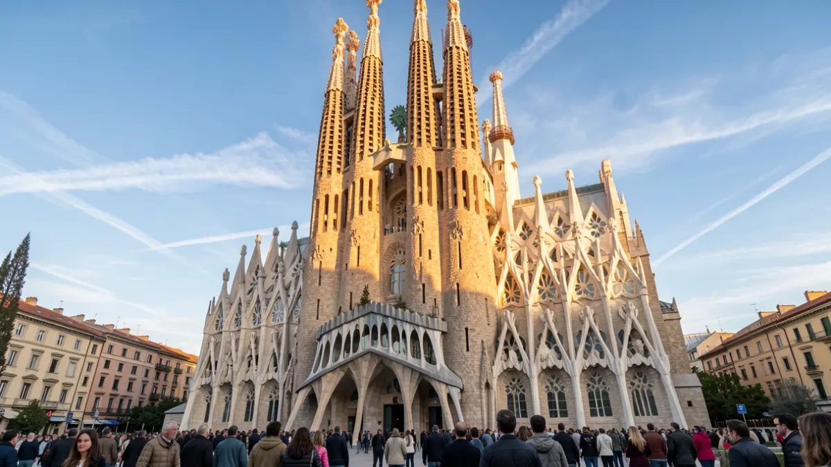 Fachada de la Sagrada Familia en Barcelona con luz de tarde.