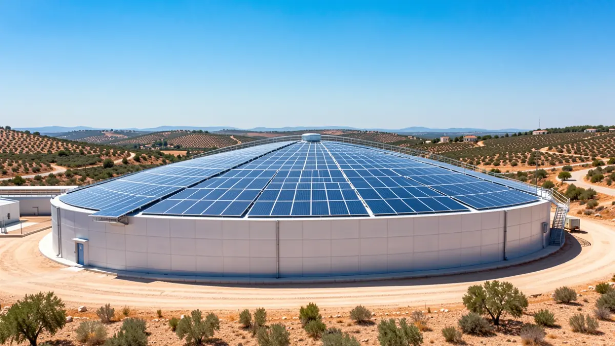 Solar panels installed on the roof of a water storage tank in Cunit.