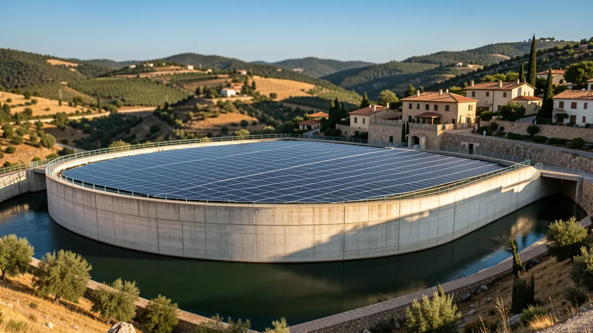 Imagen genérica de un depósito de agua con placas solares.