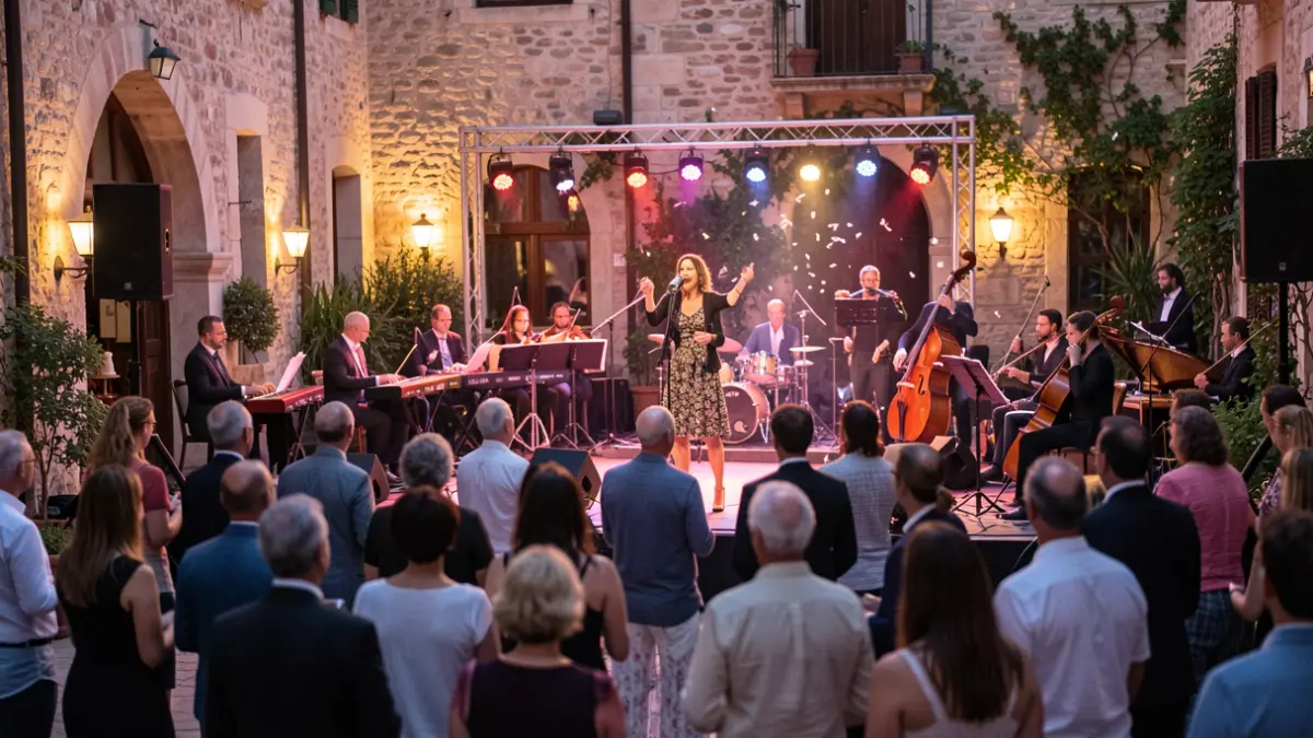 Imagen genérica de un concierto al aire libre con cantante y banda.