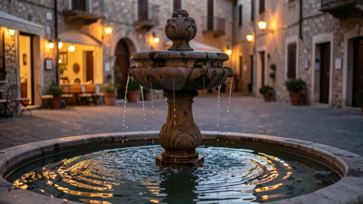 Generic image of a Mediterranean square illuminated at dusk.