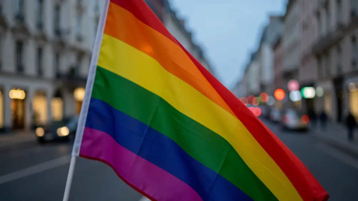 Generic image of a rainbow flag with a blurred urban background.