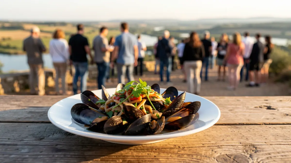 Imatge genèrica de musclos servits en un plat, amb el paisatge del Delta de l'Ebre al fons.