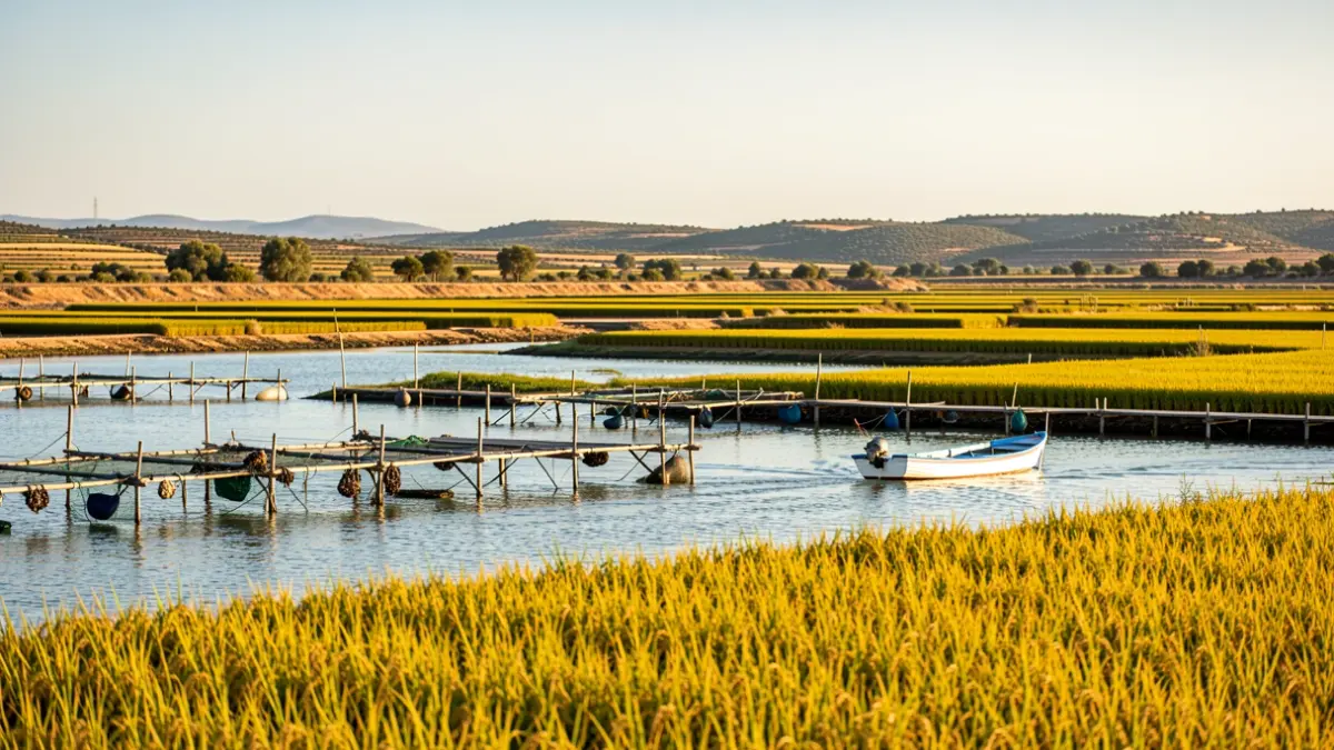 Generic image of rice fields and mussel farming structures in the Ebro Delta.