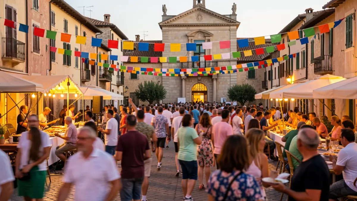 Imagen genérica de una plaza de pueblo mediterráneo durante un festival de verano.