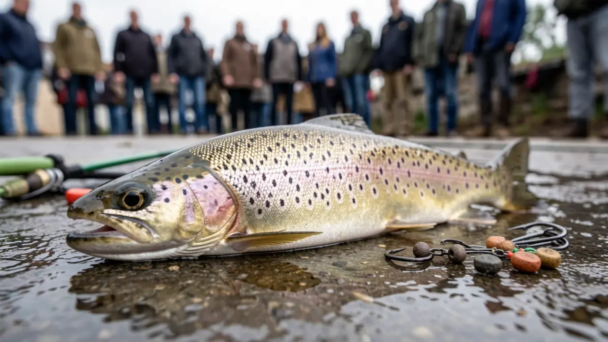 Common trout caught and prohibited fishing gear.
