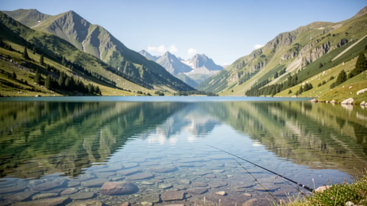 Imagen genérica de un lago natural en el Pirineo con una caña de pescar.
