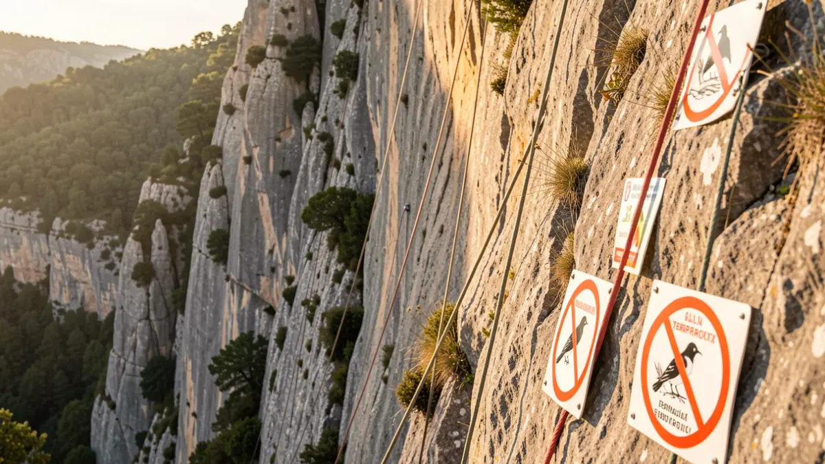 Zona de la Alta Garrotxa con carteles de prohibición de escalada por nidificación de aves.