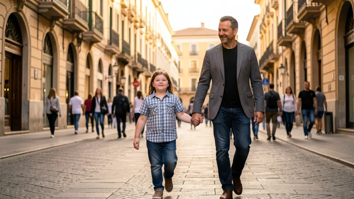Niña con síndrome de Down y su padre caminando por la calle en Barcelona.