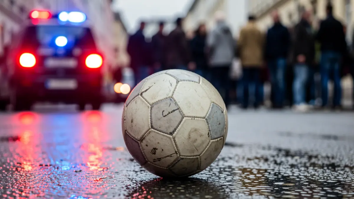Generic image of a soccer ball on wet pavement with emergency lights.