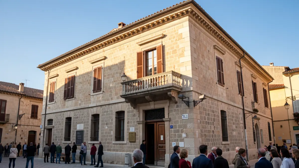 Façana de l'Ajuntament de Sabadell en un dia assolellat.