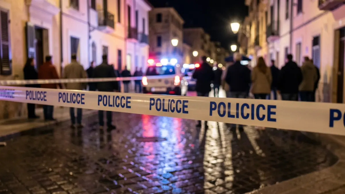 Police tape with blurred emergency lights in a Mediterranean urban setting at night.