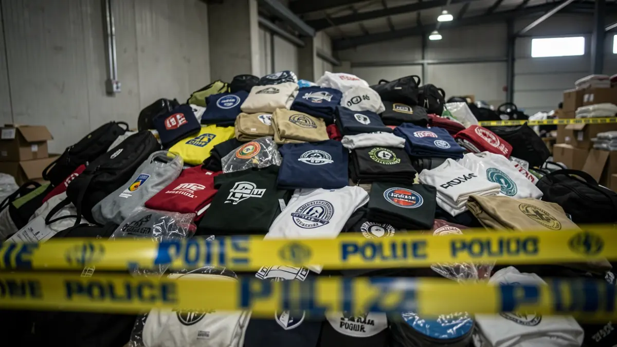 Imatge genèrica de productes falsificats apilats en un magatzem amb cinta policial.