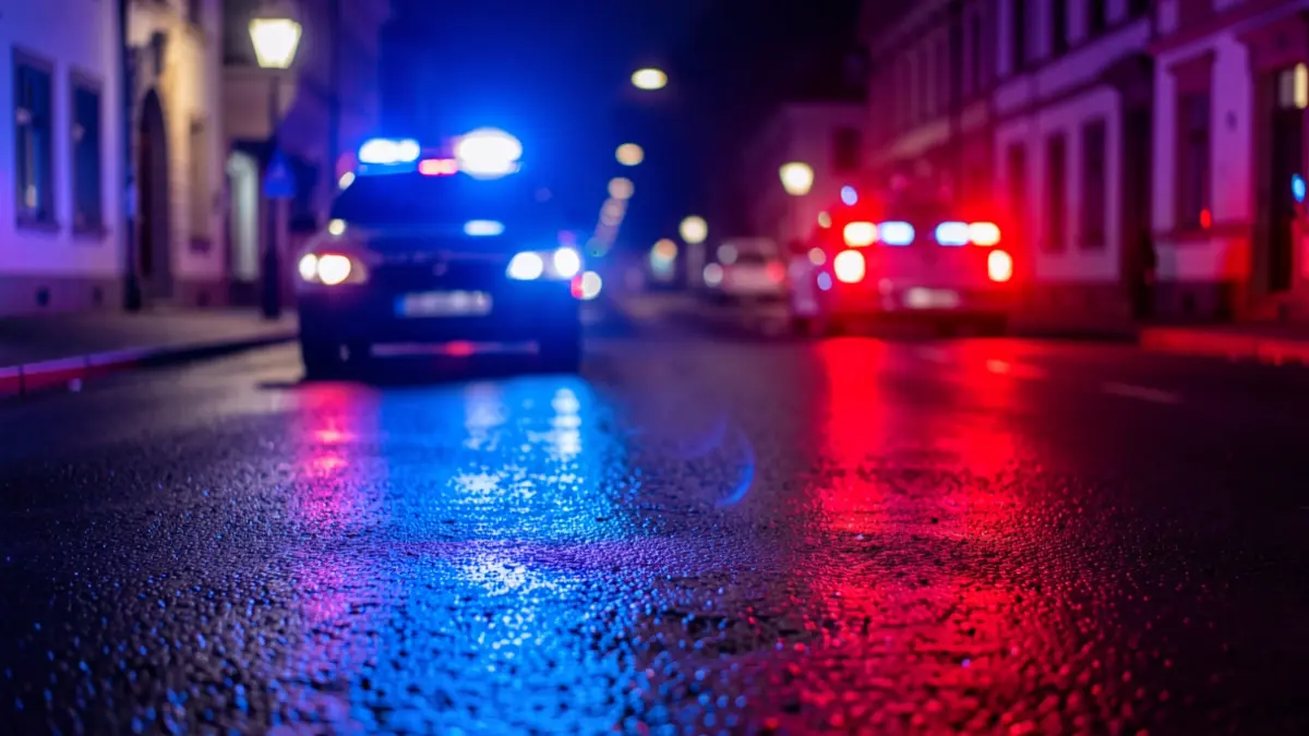 Imatge genèrica de llums d'emergència policials reflectides en asfalt mullat.