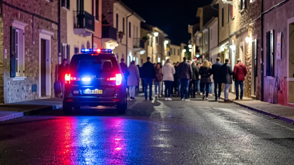 Imatge genèrica de llums d'emergència policials reflectint-se en asfalt mullat.