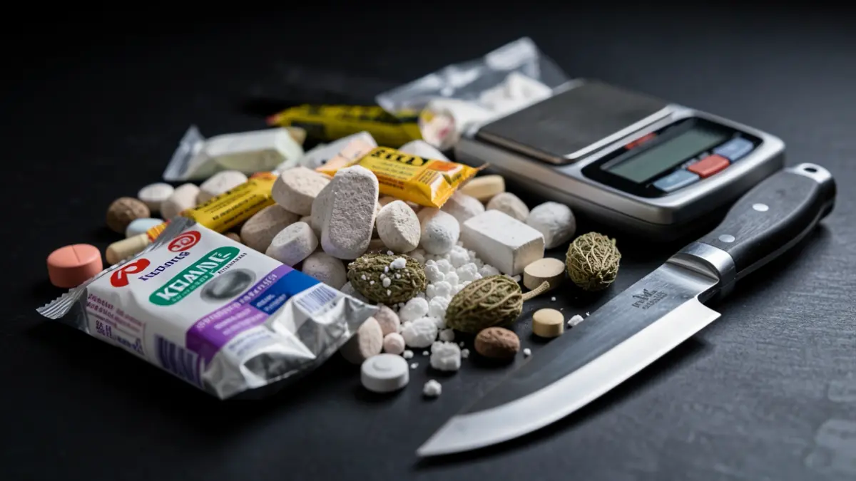 Image of seized narcotics, a weighing scale, and bladed weapons from a police operation.