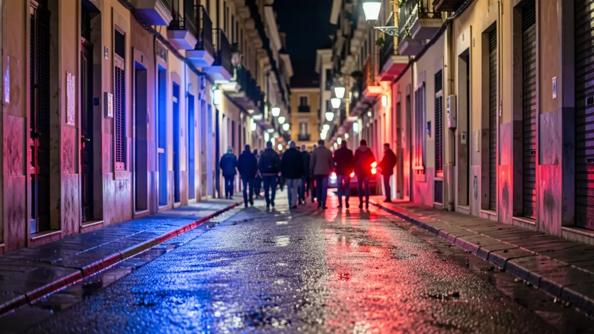 Imatge genèrica de llums d'emergència policials reflectint-se en un carrer mullat de nit.