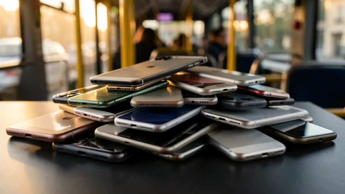 Imagen de 139 teléfonos móviles apilados.