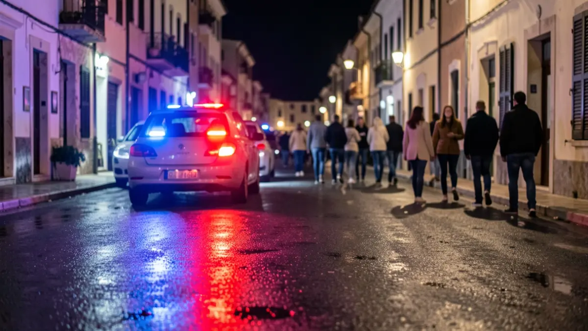 Imagen genérica de luces de emergencia policiales reflejándose sobre asfalto mojado por la noche.
